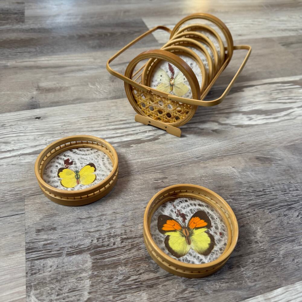 Vintage 70s Bamboo Butterfly Wing Coaster Set Rattan Holder Boho Tropical Decor